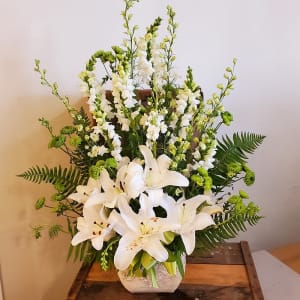 White Urn with Green Splash Flower Bouquet