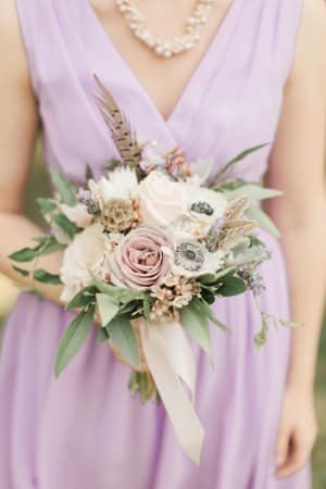 White Anemone Bouquet with Pheasant Feathers Flower Bouquet