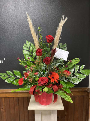 Funeral Basket- Reds, Oranges, Masculine Mix (Flowers/colors may vary) Flower Bouquet