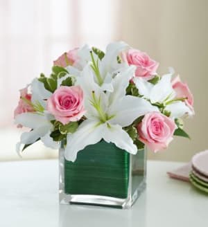 White Lilies & Pink Roses Cubed Flower Bouquet