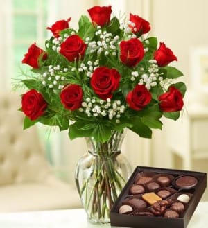 Rose Elegance Premium Long Stem Red Roses With Chocolate Flower Bouquet