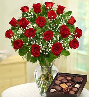 Rose Elegance Premium Long Stem Red Roses With Chocolate Flower Bouquet