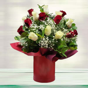 Red and White Roses in Round Box Flower Bouquet