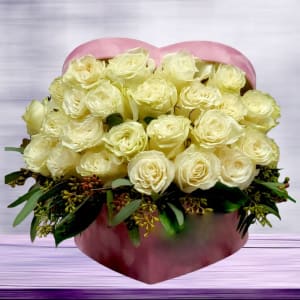 Premium White Roses in Heart Box Flower Bouquet