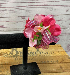 Hot Pink Silk (Artificial) Wristlet Corsage Flower Bouquet