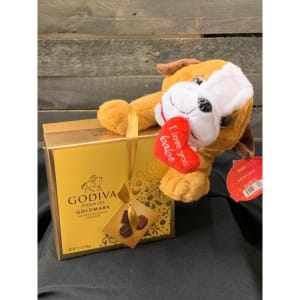 Plush bull dog with large box of Godiva chocolate EBF-184 Flower Bouquet