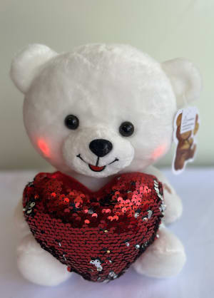 10" Musical White Bear Sequin Heart. Flower Bouquet