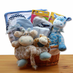 Jungle Safari New Baby Gift Basket - Blue Flower Bouquet