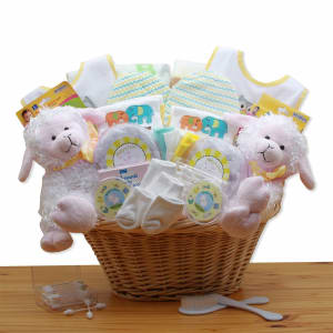 Double Delight Twins New Baby Gift Basket - Yellow Flower Bouquet