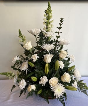 Sympathy Basket All White Flower Bouquet