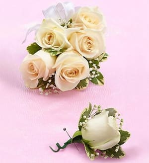 Small white Corsage and Boutonniere Only for Pick-Up Flower Bouquet