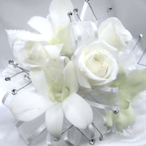 White Tea Rose and Dendrobium Real Orchid Prom Corsage Flower Bouquet