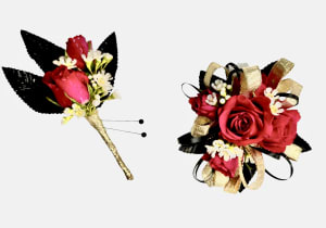 Gilded Garnet Wristlet and Boutonniere Set Flower Bouquet