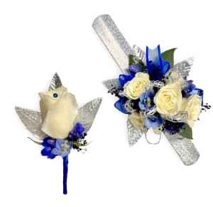 Blue Majesty Wristlet and Boutonniere Flower Bouquet