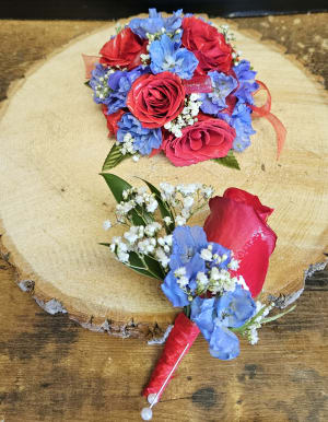 Red Rose & Blue Delphinium combo Flower Bouquet