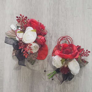 Silk Crimson and White Prom Corsage and Boutonniere Flower Bouquet