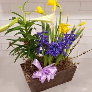 Easter Garden Wood Box with Easter Lily Flower Bouquet