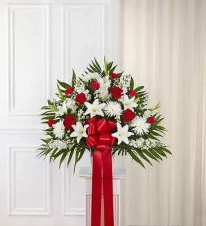 Heartfelt Sympathies Standing Basket- Red & White Flower Bouquet