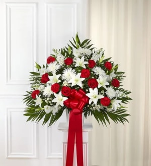 Heartfelt Sympathies Standing Basket- Red & White Flower Bouquet