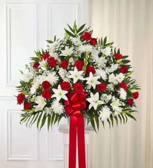 Heartfelt Sympathies Standing Basket- Red & White Flower Bouquet