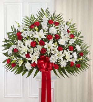 Heartfelt Sympathies Standing Basket- Red & White Flower Bouquet