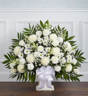 Heartfelt Tribute White Floor Basket Arrangement Flower Bouquet