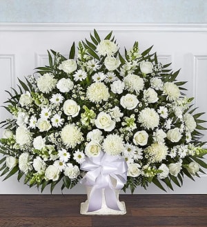 Heartfelt Tribute White Floor Basket Arrangement Flower Bouquet