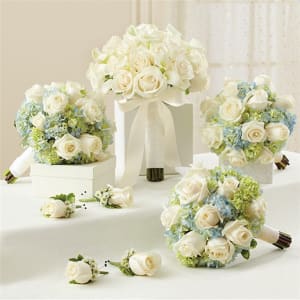 1-800-Flowers®  Blue And White Personal Package (1 Blue Bridal Bouquet, 3 Bridesmaid Bouquets And 4 Boutonnieres Flower Bouquet
