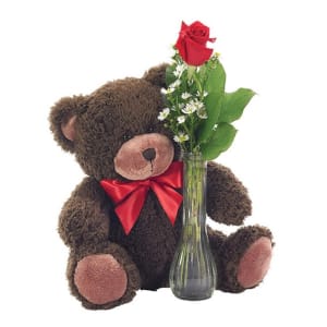 Classic Bud Vase Roses With Teddy Bear Flower Bouquet