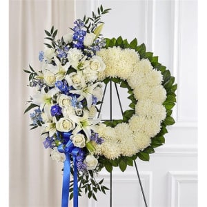 Serene Blessings Standing Wreath Blue & White Flower Bouquet