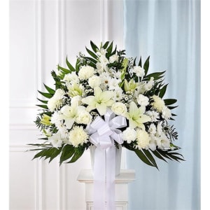 Heartfelt Sympathies Standing Basket-White Flower Bouquet