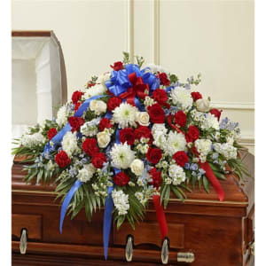 Red, White & Blue Half Casket Cover Flower Bouquet