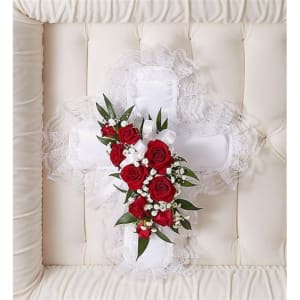 Red & White Satin Cross Casket Pillow Flower Bouquet