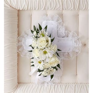 White Satin Cross Casket Pillow Flower Bouquet