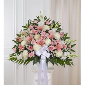 Heartfelt Sympathies Pink & White Standing Basket Flower Bouquet