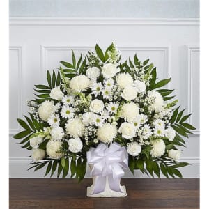 Heartfelt Tribute Floor Basket Arrangement-White Flower Bouquet
