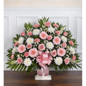 Heartfelt Tribute Floor Basket Arrangement - Pink & White Flower Bouquet