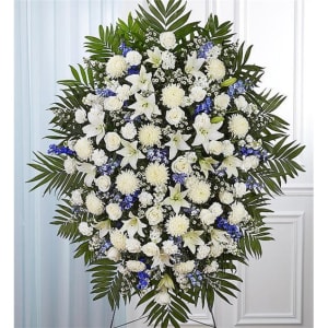 Blue & White Sympathy Standing Spray Flower Bouquet