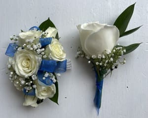 Matching Wrist Corsage and Boutonniere Flower Bouquet