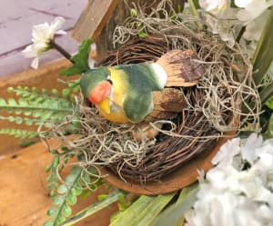 Birdhouse with White Silk (Artificial) Floral Accents