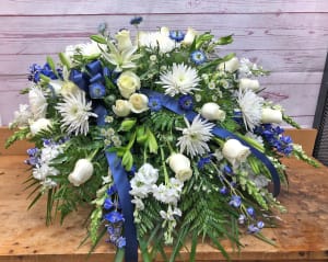 Blue and White Casket Spray Flower Bouquet