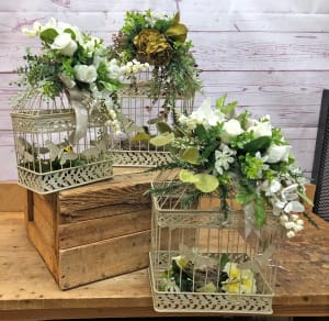 Vintage White Metal Bird Cage with Silk (Artificial) Flowers