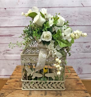 Vintage White Metal Bird Cage with Silk (Artificial) Flowers Flower Bouquet