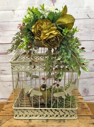 Vintage White Metal Bird Cage with Silk (Artificial) Flowers Flower Bouquet