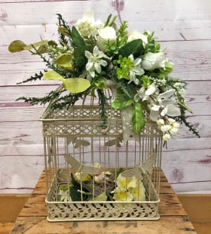 Vintage White Metal Bird Cage with Silk (Artificial) Flowers Flower Bouquet