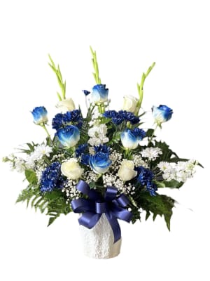 Blue and White Basket Flower Bouquet