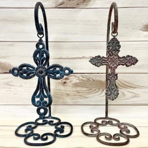 Bronze Metal Filigree Cross on Hanging Stand Flower Bouquet