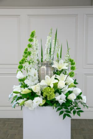 Serene White Cremation Urn Wreath Flower Bouquet