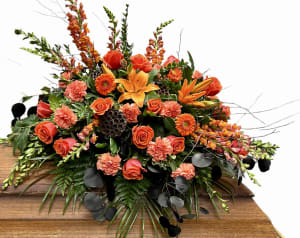 Orange and Black Harley Davidson Themed Casket Spray Flower Bouquet