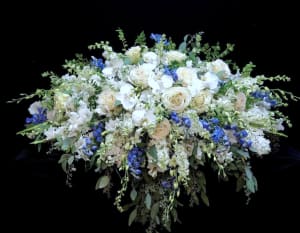 Full Regalia Casket Spray in Blue and White Flower Bouquet